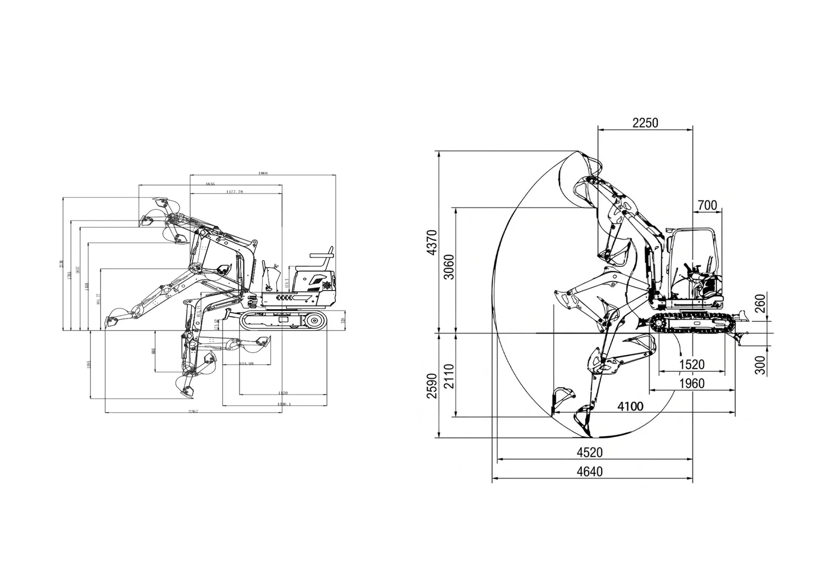 Excavator working range and digging dimensions