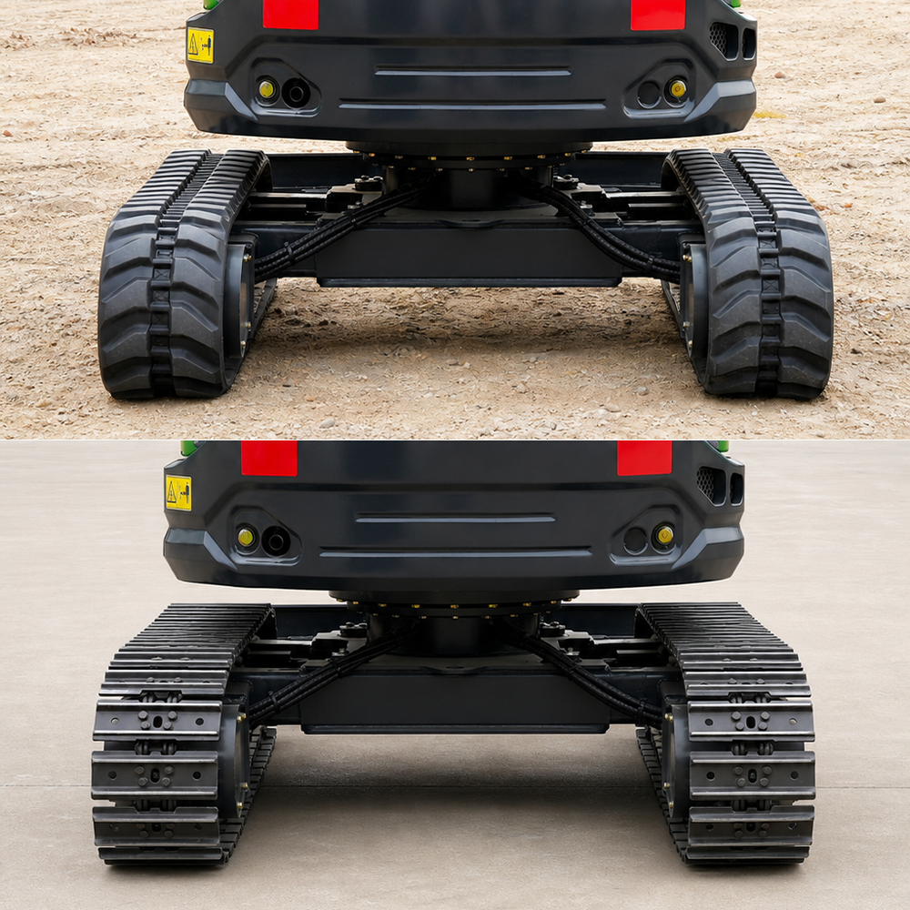 Rear views comparing rubber and steel mini excavator tracks