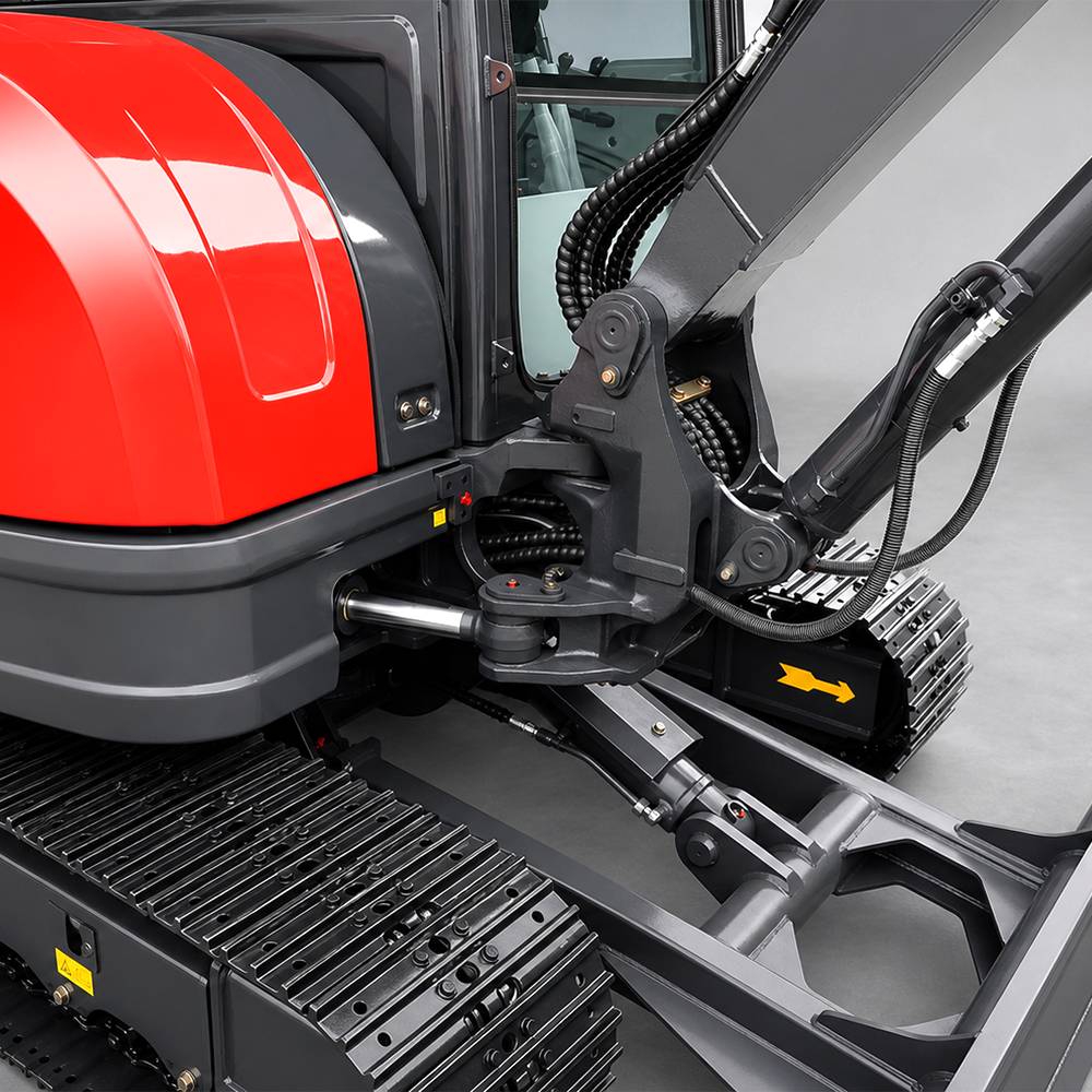 Mini excavator boom swing pivot and hydraulic cylinder close-up