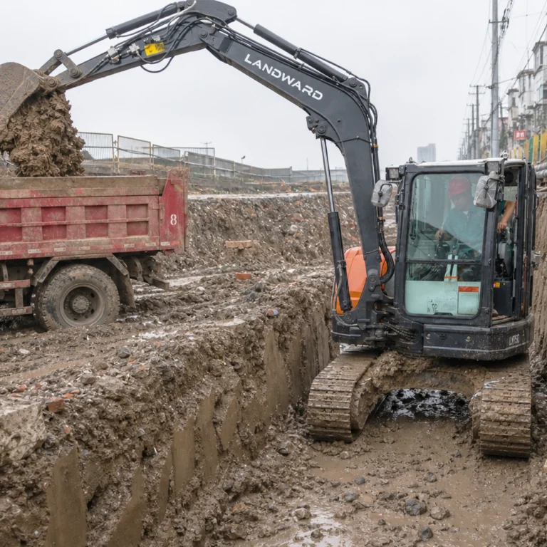 LANDWARD mini excavator using boom swing to dig in a narrow trench
